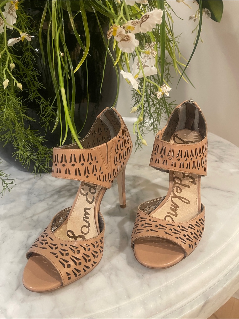Sam Edelman Tan Laser-Cut Open-Toe Heels - Picture 5 of 5